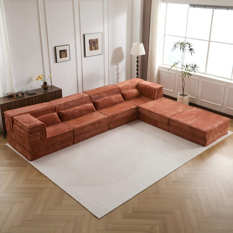 Compression Mahjong Sofa,Convertible Floor Sofa Bed,DIY Boneless Modular Sectional Sofa,No Assembly Required,Circle fleece fabric,Oversized 4 Seater with 2 Ottoman,Orange - sold by Home Elegance USA