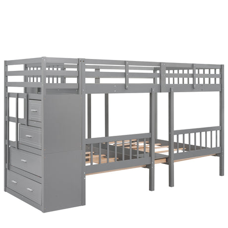 Full Over Twin & Twin Bunk Bed, Wood Triple Bunk Bed with Drawers and Guardrails (Gray) - sold by Home Elegance USA