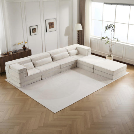 Compression Mahjong Sofa,Convertible Floor Sofa Bed,DIY Boneless Modular Sectional Sofa,No Assembly Required,Circle fleece fabric,Oversized 4 Seater with 2 Ottoman,White - sold by Home Elegance USA