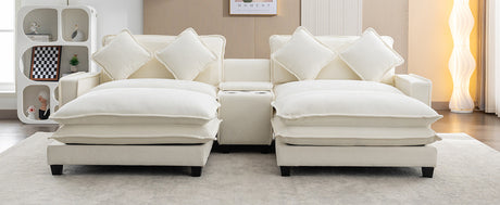 Chenille Upholstered Sectional Sofa with Removable Ottoman, USB Ports, Cup Holders, and Storage, Beige, 111' - sold by Home Elegance USA