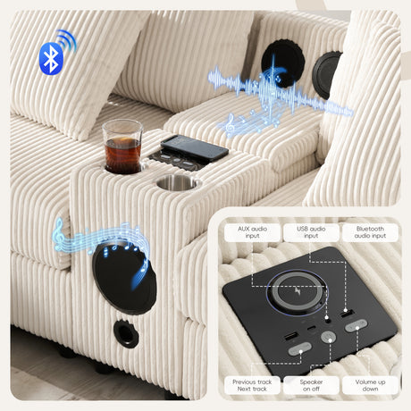 141.5*64'' Corduroy Sectional Sofa with Bluetooth Speakers, U-Shaped Couch with Console, USB Charger, Cup Holders, Storage, Ottoman, Deep and Wide Seat Cloud Sofa for Living Room&Apartment - sold by Home Elegance USA