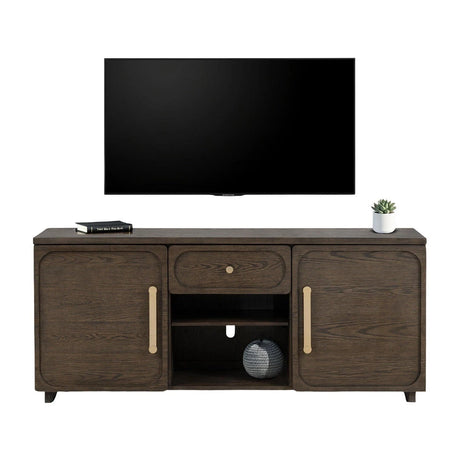 Transitional Style 1pc TV Console Gold Handles And Knob Recessed Panels Dark Walnut Finish - sold by Home Elegance USA