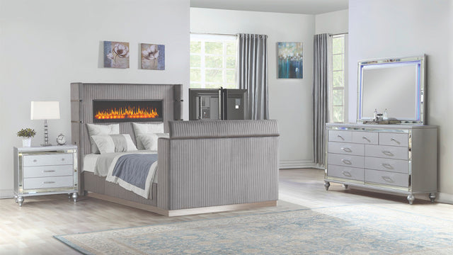 Lavish Modern Style 4 Pc King Bedroom Set Made with Fireplace in Headboard & TV stand in Footboard with Wood in Grey