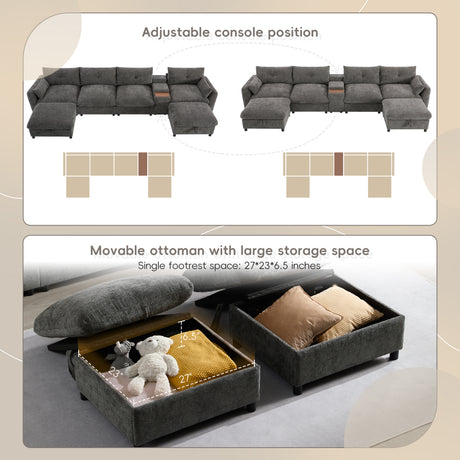 136'' Modular Sectional Sofa with Console, Cup Holder, USB Charger, Movable Storage Ottoman, Pull-line&Tufted Design, U-Shaped Oversized Chenille Sofa for Living Room&Apartment,2 Colors - sold by Home Elegance USA