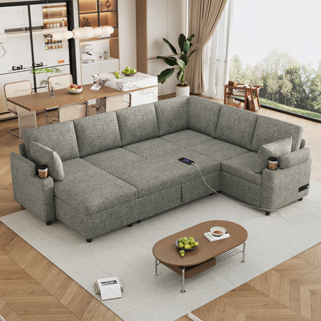 Versatile Light Grey Chenille Sectional Sofa Bed with Storage, Cup Holders & Charging Ports, 109.9' - sold by Home Elegance USA