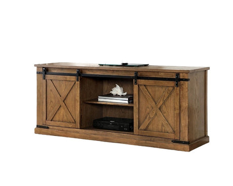 Rustic Style TV Console Base Sliding Doors Metal Accents Multiple Open Storage Shelves X-Design Front Doors Dark Oak Finish - sold by Home Elegance USA