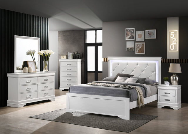 Full 5 Pc Tufted Upholstery LED Bedroom set made with Wood in White