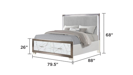 Desire King 4-Piece Bedroom Set – LED Upholstered Bed, Dresser, Mirror, and Nightstand with Marble-Inspired Accents and Sleek Metallic Trim for a Chic Modern Look(CA INVENTORY) - sold by Home Elegance USA