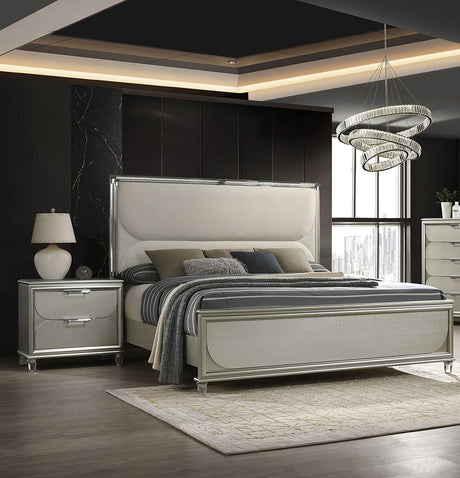 Glamorous Luxury Silver Fabric Upholstered Queen Size Bed w LED 2x Nightstands Embossed Panel 3pc Set Bedroom Furniture - sold by Home Elegance USA