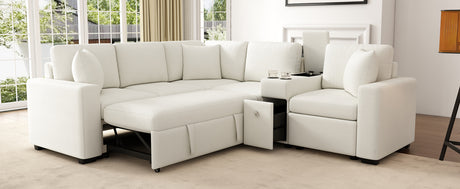 120.5' L-shaped Convertible Sofa Bed Modular Sectional Sofa Reversible Sleeper with Pull-Out Bed, Cup Holders, and Ample Storage Space for Living Room(Old SKU:N719S001940K), White - sold by Home Elegance USA