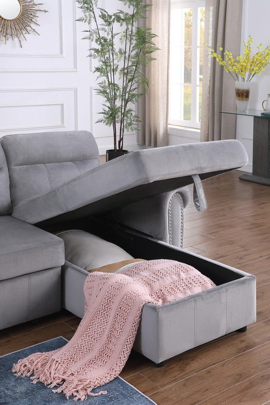 Ashton Gray Velvet Fabric Reversible Sleeper Sectional Sofa Chaise | Home Elegance USA