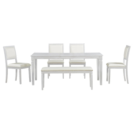 TREXM Vintage Extendable Dining Table Set for 6 with 4 Chairs & Bench, 59 to 72-Inch Rustic Farmhouse Kitchen Table Set with Distressed Finish and Retro Carved Legs (Washed White) - sold by Home Elegance USA