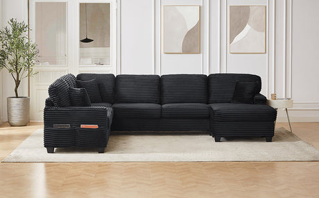 Upholstered U-shaped Sectional Sofa with Movable Ottoman and Side Storage Pockets in Black Corduroy, 125.2 inches - sold by Home Elegance USA