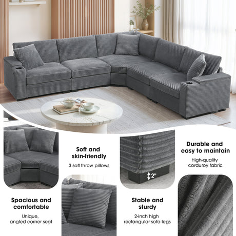 106' Convertible L Shaped Sectional Sofa,Corduroy Corner Couch with Armrest Storage,Cup Holders,USB Charger,Irregular Corner,Oversized Comfy Modular Sofa for Living Room,Apartment,2 Colors - sold by Home Elegance USA