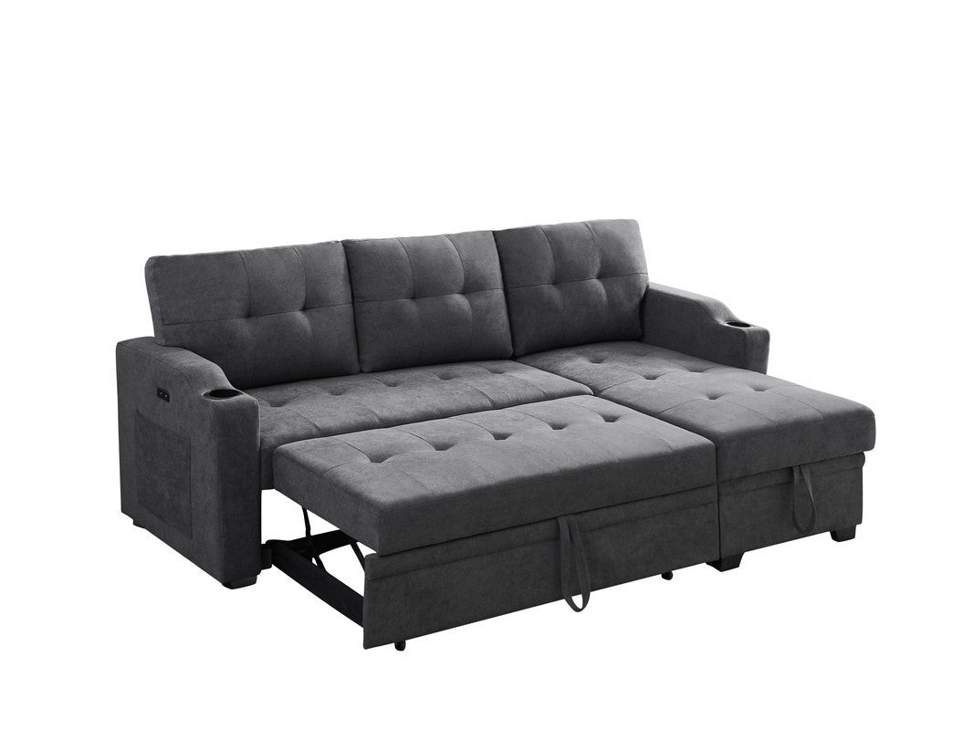 Mabel Dark Gray Woven Fabric Sleeper Sectional with cupholder, USB charging port and pocket - Home Elegance USA