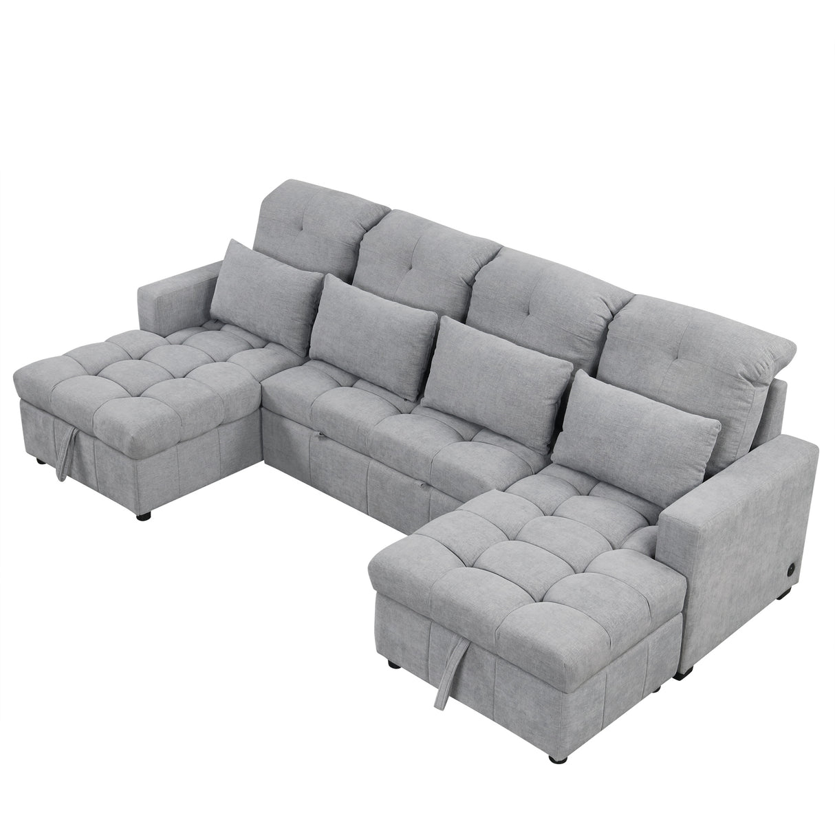 Versatile Oversized U-shaped Sectional Sofa Bed with Storage Chaise Lounges and USB Ports, Gray Chenille, 110.2'