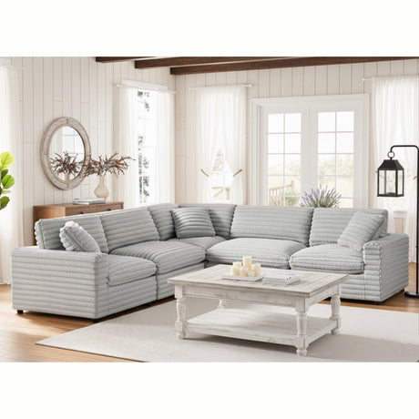 Jenny 5-Piece Sectional in Plush Polyester Cord-Like Fabric, Gray - sold by Home Elegance USA