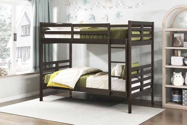 Twin over Twin Bunk Bed 1pc Classic Dark Brown Finish Youth Bedroom Furniture Durable Wood - sold by Home Elegance USA