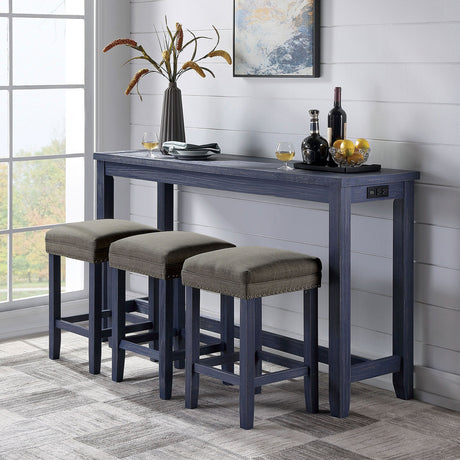 4pc Dining Table Set 1x Table 3x Stools Padded Seat Nailhead Trim USB Port And Power Outlet Antique Blue And Gray Finish - sold by Home Elegance USA