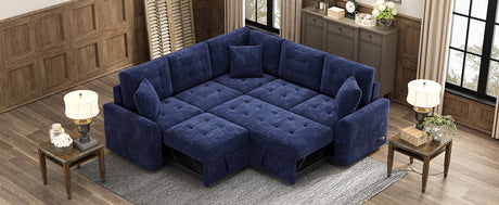Navy Blue L-shape Sofa Bed with Pull-out Sleeper, USB Ports, Power Sockets, Corded Velveteen, 82.6' - sold by Home Elegance USA