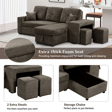 Reversible Sleeper Sectional Sofa Bed with Side Shelf and 2 Stools, Pull-Out L-Shaped Sofa Bed, Corner Sofa-Bed with Storage Chaise, Knox Charcoal Velvet - sold by Home Elegance USA