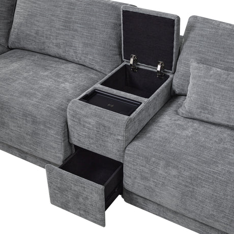 124'' L-Shaped Sectional Sofa with Multi-Functional Storage Console, Wired&Wireless Charger, Movable Ottoman, Wider&Thicker Cushion, Free Combination for Living Room&Apartment, Chenille - sold by Home Elegance USA
