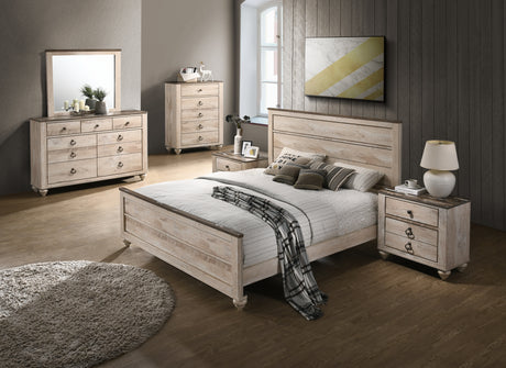 Imerland Contemporary White Wash Finish Bedroom 6-piece Set, Queen Bed, Dresser, Mirror, 2 Nightstands, Chest - sold by Home Elegance USA