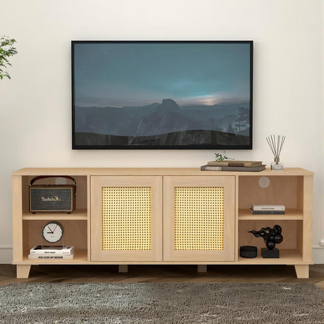 64.4" Rattan TV Stand for 65/70 inch TV Living Room Storage Console Entertainment Center,2 open doors Home Elegance USA