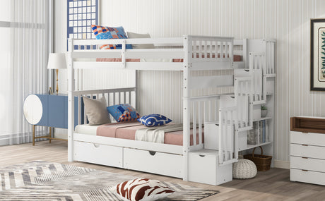 Full Over Full Bunk Bed with Shelves and 6 Storage Drawers, White(Old SKU:LT000046AAK) - sold by Home Elegance USA