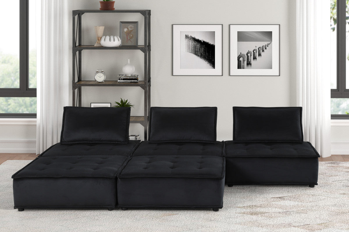 Aveline 120'W Black Velvet 5 Pc Sectional Sofa Ottoman