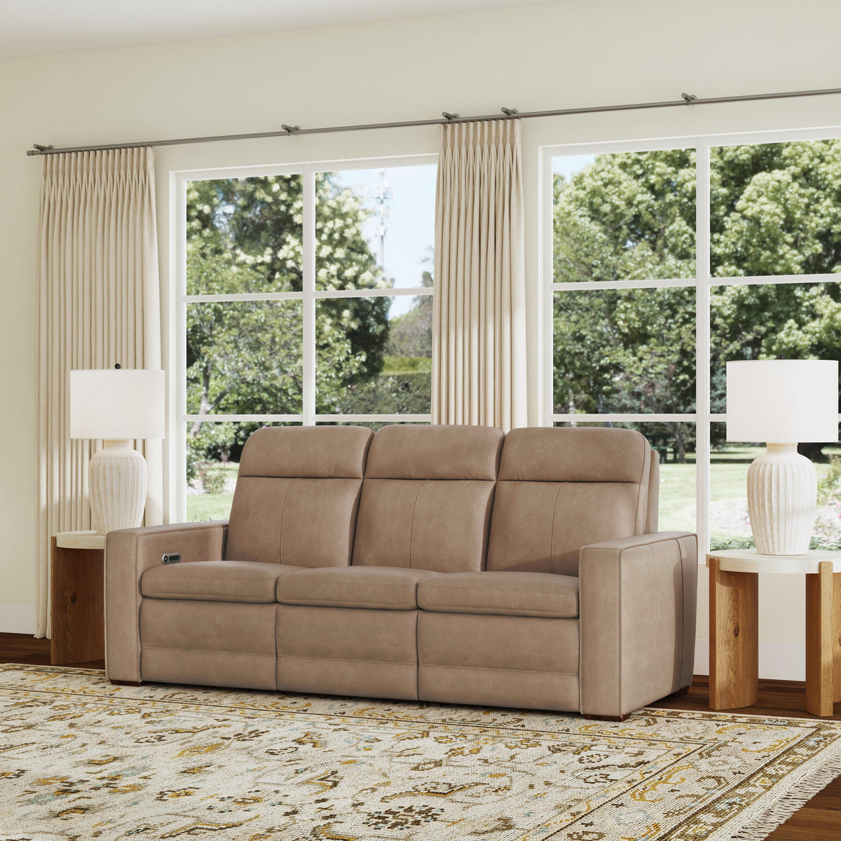 Dutch Power Reclining Sofa With Console, Power Headrest, & Lumbar - Light Brown | Flexsteel
