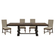 Traditional 5pc Dining Set Table with Extension Leaf and 4 Side Chairs Beige Fabric Upholstered Nailhead Trim Brown Classic Dining Room Furniture