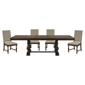 Traditional 5pc Dining Set Table with Extension Leaf and 4 Side Chairs Beige Fabric Upholstered Nailhead Trim Brown Classic Dining Room Furniture