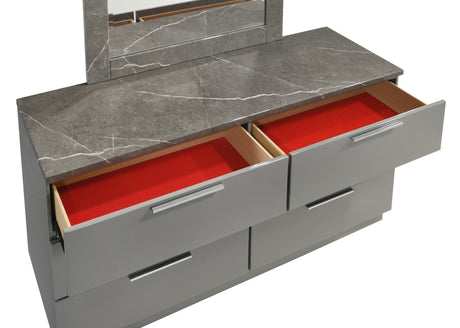 Elara Queen 5-Piece Set – Two-Tone High-Gloss Marble & Lacquer Finish with LED Lighting, Metal-Finished Legs, Spacious Storage- Gray (CA Inventory) - sold by Home Elegance USA