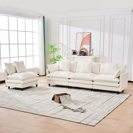 140.9-inch U-shaped modular sectional sofa, suitable for living room or bedroom. It comes with 2 movable ottomans, 4 cushions and 2 throw pillows. Made of soft cashmere fabric, in beige - sold by Home Elegance USA