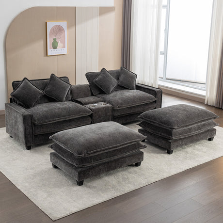 Modern Chenille Upholstered Sectional Sofa with Ottomans, USB Ports, Cup Holders, and Storage in Grey - sold by Home Elegance USA