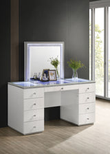 Contemporary Style 1pc Vanity Tempered Glass Top Ball Bearing Glides High Gloss Finish Stainless Steel Beveled Mirror White Finish Bedroom Furniture