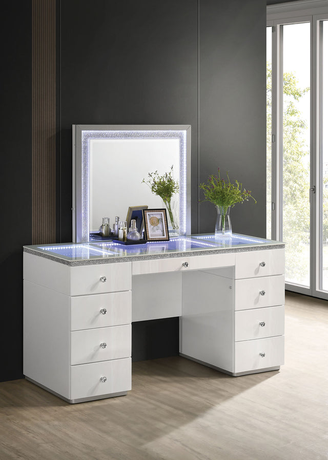 Contemporary Style 1pc Vanity Tempered Glass Top Ball Bearing Glides High Gloss Finish Stainless Steel Beveled Mirror White Finish Bedroom Furniture