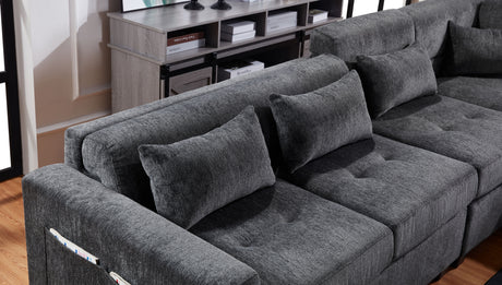 Trey 115'W Gray Chenille Sectional Sofa with Adjustable Backrest, Charging Ports, Pockets, Tufting, Storage Ottoman, Throw Pillows - sold by Home Elegance USA