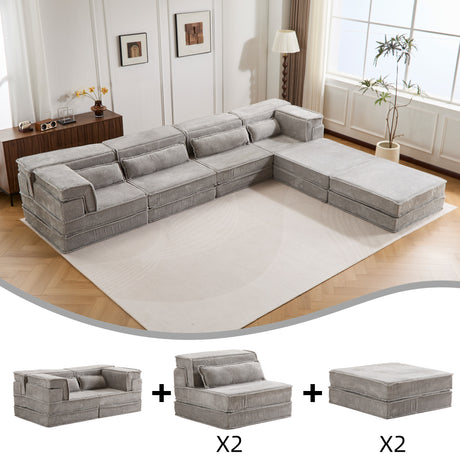 Compression Mahjong Sofa,Convertible Floor Sofa Bed,DIY Boneless Modular Sectional Sofa,No Assembly Required,Circle fleece fabric,Oversized 4 Seater with 2 Ottoman,Light-grey - sold by Home Elegance USA