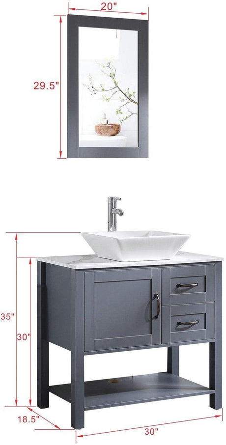 30” Gray Bathroom Vanity and Sink Combo Marble Pattern Top w/Mirror Faucet&Drain - W1223S00002 - image - 8