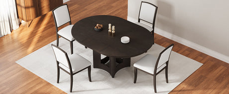 TOPMAX Farmhouse Extendable Round Dining Table Set for 4, 5-Piece Kitchen Table Set with 4 Upholstered Chairs and 16inch Removable Leaf for Small Places, Espresso+Beige - sold by Home Elegance USA