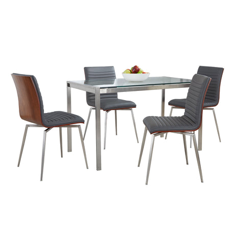 Fuji-Mason Swivel Contemporary Dining Set Dining Set in Brushed Stainless Steel, Clear Glass, Walnut Wood and Grey Faux Leather by LumiSource - 5 Piece - sold by Home Elegance USA