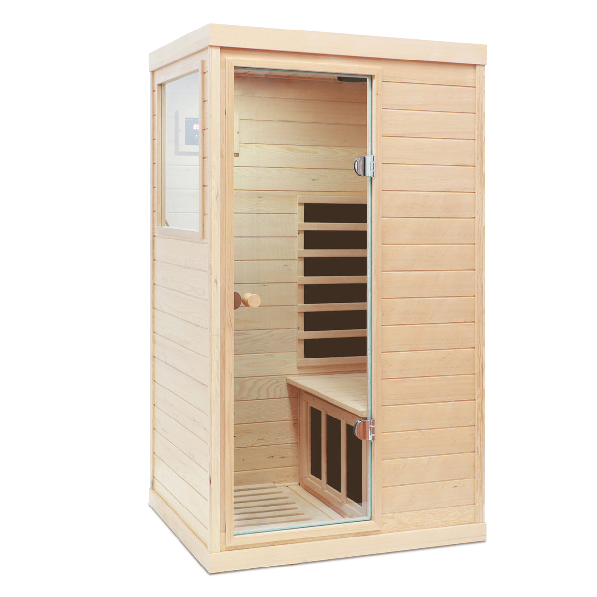 Sauna de infrarrojos lejanos Hemlock Mini para una persona con puerta izquierda, madera de cicuta natural, 92,4 x 72,1 x 158,4 cm