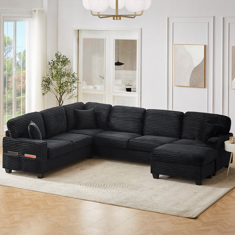Upholstered U-shaped Sectional Sofa with Movable Ottoman and Side Storage Pockets in Black Corduroy, 125.2 inches - sold by Home Elegance USA