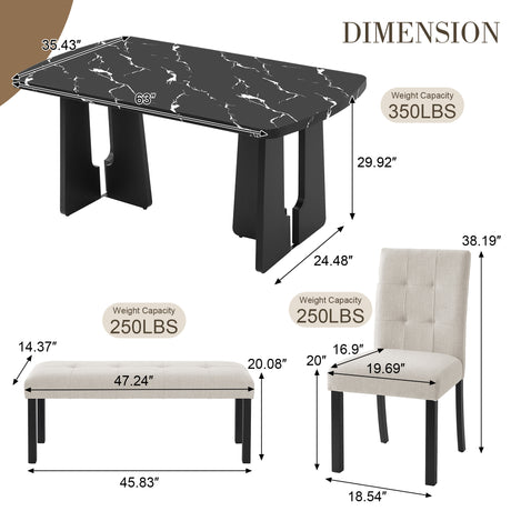 6 Piece Modern Dining Table Set, 63' Faux Marble Dining Table with Geometric Legs & 4 Upholstered Chairs & 1 Bench, Suitable for Dining Kitchen Room,Easy to Assemble, Beige+Black - sold by Home Elegance USA