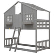 Grey Twin over Twin House Bunk Bed with Roof, Window, Box, and Door - Safety Guardrails and Ladder