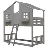 Grey Twin over Twin House Bunk Bed with Roof, Window, Box, and Door - Safety Guardrails and Ladder