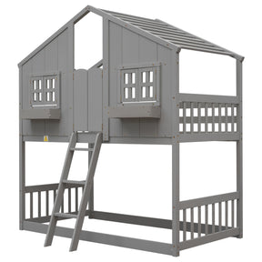 Grey Twin over Twin House Bunk Bed with Roof, Window, Box, and Door - Safety Guardrails and Ladder