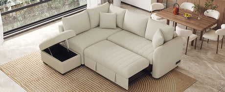 Modern L-shaped Sectional Pull Out Sofa Bed with USB Ports and Storage Ottoman, Beige, Jacquard Fabric, 82.6' - sold by Home Elegance USA